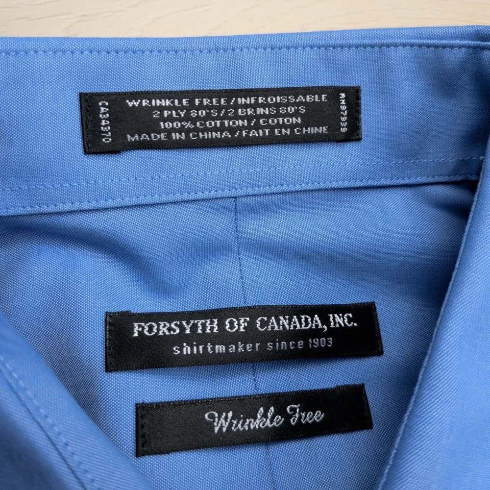 NEW Forsyth of Canada Dress Shirt Mens 16.5 34/35 Blue Wrinkle Free‎ Cotton